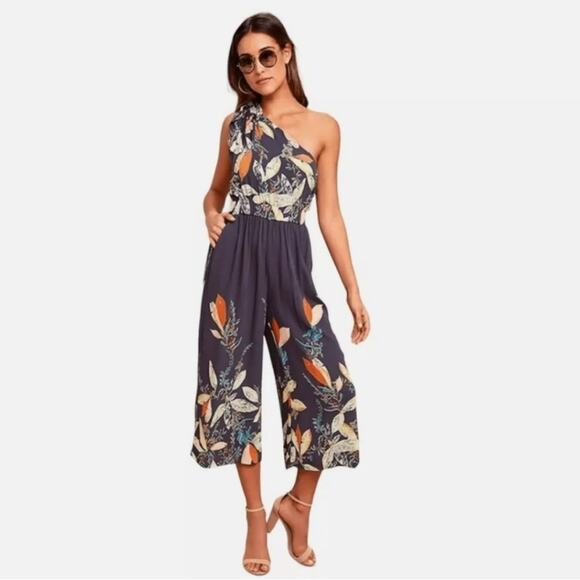 Free People Island Time Blue Floral Wide Leg Jumpsuit One Shoulder cropped boho - Picture 1 of 12